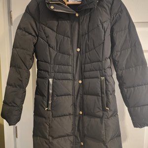 WOMEN'S COLE HAAN QUILTED DOWN & FEATHER FILL JACKET SMALL FAUX FUR TRIM BLACK